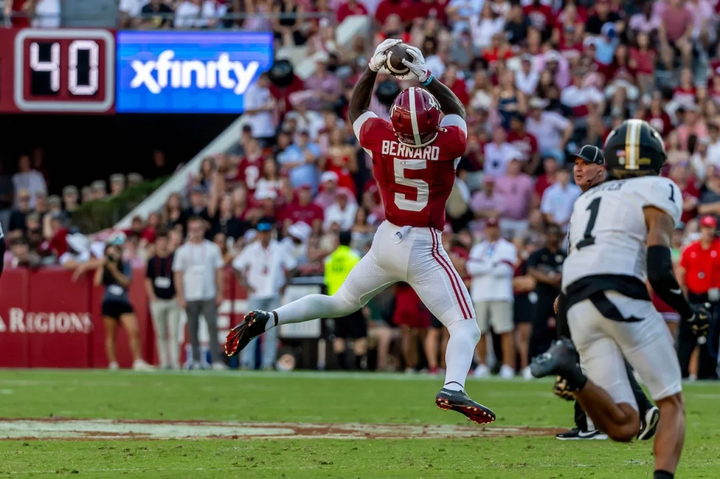 Alabama wide receiver Germie Bernard (5) grabs a pass against Vanderbilt during the second half of an NCAA college football game, Saturday, Oct. 4, 2025, in Tuscaloosa, Ala. (AP Photo/Vasha Hunt)