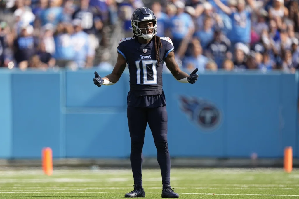 Tennessee Titans wide receiver DeAndre Hopkins (10) plays during the second half of an NFL football game against the Indianapolis Colts, Sunday, Oct. 13, 2024, in Nashville, Tenn. (AP Photo/George Walker IV)