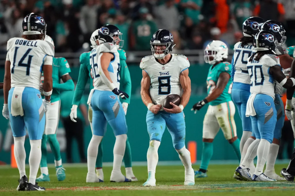 Dec 11, 2023; Miami Gardens, Florida, USA; Tennessee Titans quarterback Will Levis (8) celebrates after defeating the Miami Dolphins at Hard Rock Stadium. Mandatory Credit: Jasen Vinlove-USA TODAY Sports