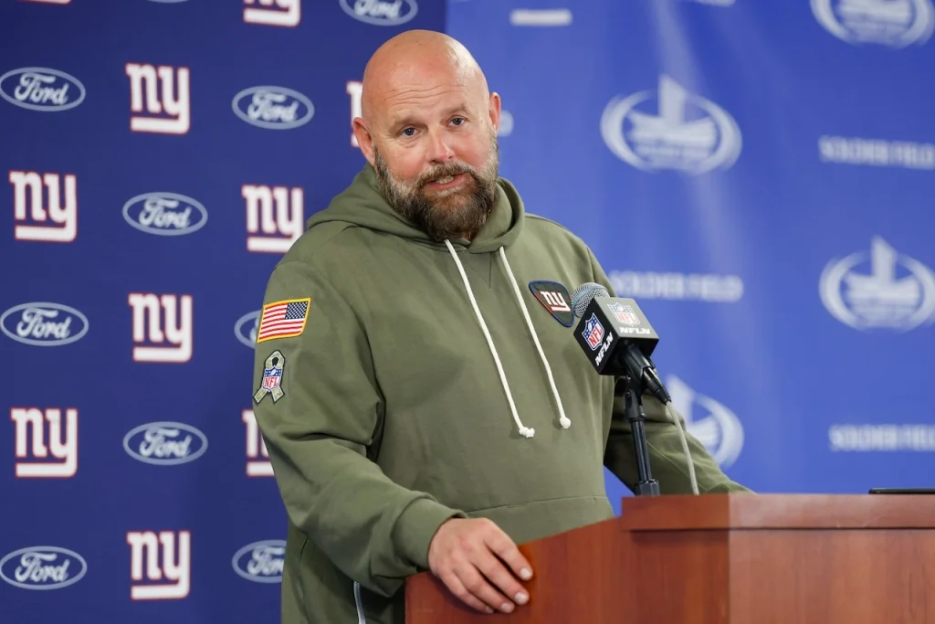 New York Giants head coach Brian Daboll speaks during a news conference after an NFL football game against the Chicago Bears, Sunday, Nov. 9, 2025, in Chicago. (AP Photo/Kamil Krzaczynski)