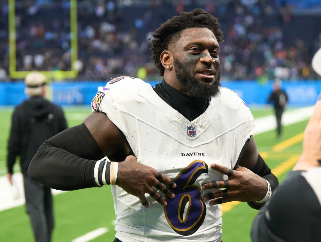 Oct 15, 2023; London, United Kingdom; Baltimore Ravens linebacker Patrick Queen (6) after an NFL International Series game at Tottenham Hotspur Stadium. Mandatory Credit: Peter van den Berg-USA TODAY Sports