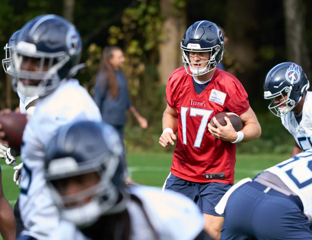 Oct 13, 2023; London, United Kingdom; Tennessee Titans quarterback Ryan Tannehill (17) with the ball during Tennessee Titans practice session at The Grove, Watford for their upcoming NFL London game. Mandatory Credit: Peter van den Berg-USA TODAY Sports