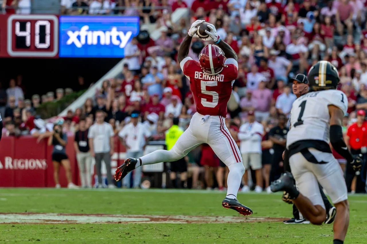 Alabama wide receiver Germie Bernard (5) grabs a pass against Vanderbilt during the second half of an NCAA college football game, Saturday, Oct. 4, 2025, in Tuscaloosa, Ala. (AP Photo/Vasha Hunt)