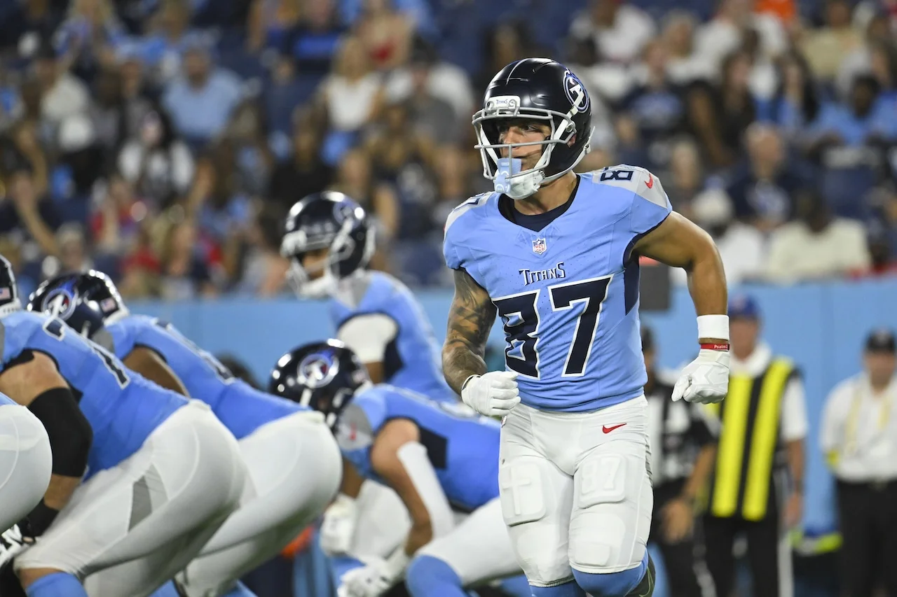 Tennessee Titans wide receiver Xavier Restrepo (87) against the Minnesota Vikings during a preseason NFL football game, Friday, Aug. 22, 2025, in Nashville, Tenn. (AP Photo/John Amis)