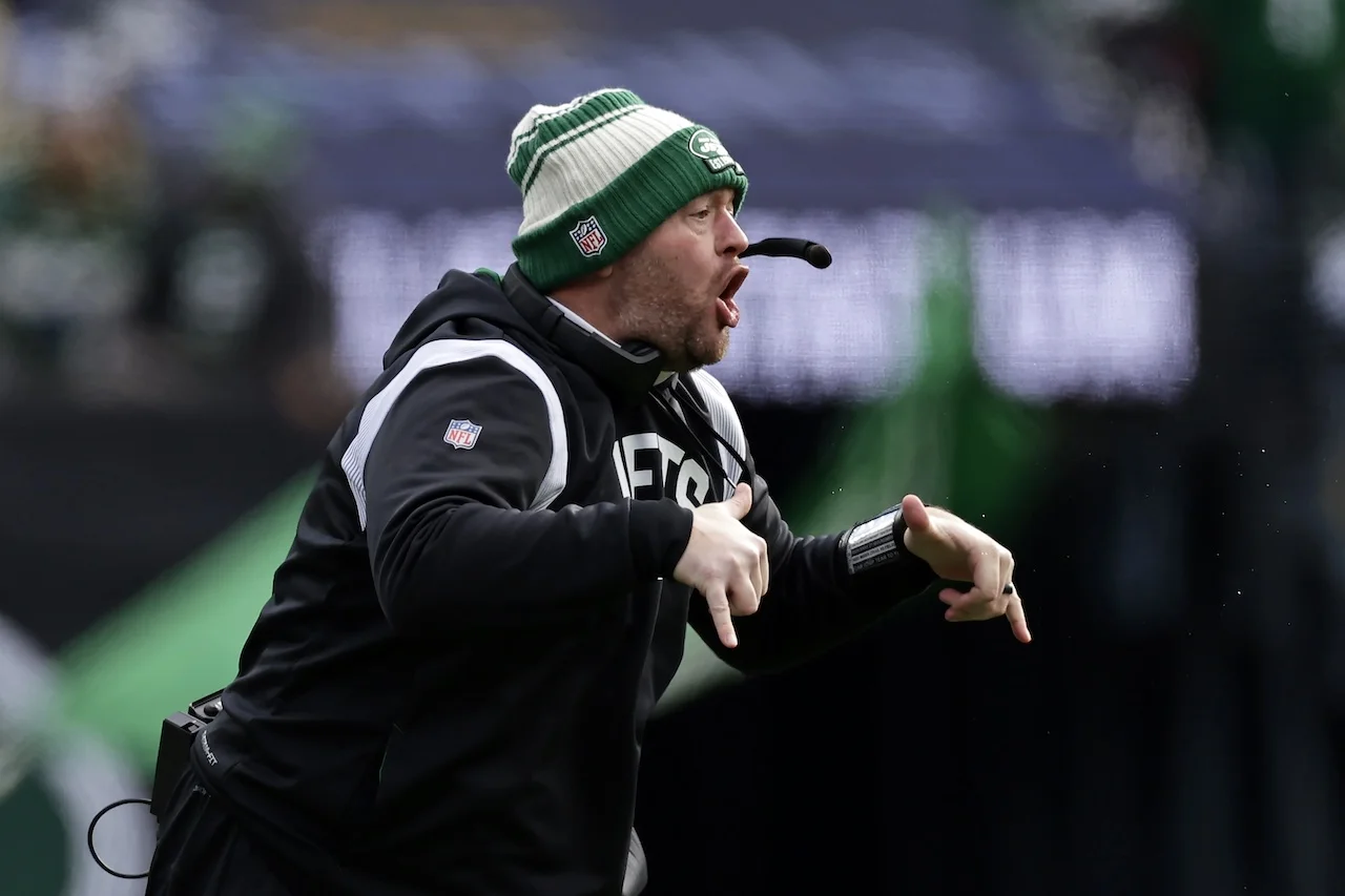 New York Jets defensive line coach Aaron Whitecotton directs his team against the Detroit Lions during an NFL football game Sunday, Dec. 18, 2022, in East Rutherford, N.J. (AP Photo/Adam Hunger)