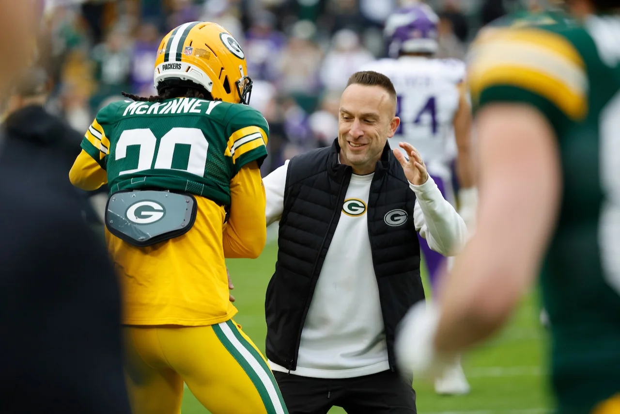 Green Bay Packers defensive coordinator Jeff Hafley before an NFL football game Sunday, Nov. 23, 2025, in Green Bay, Wis. (AP Photo/Mike Roemer)