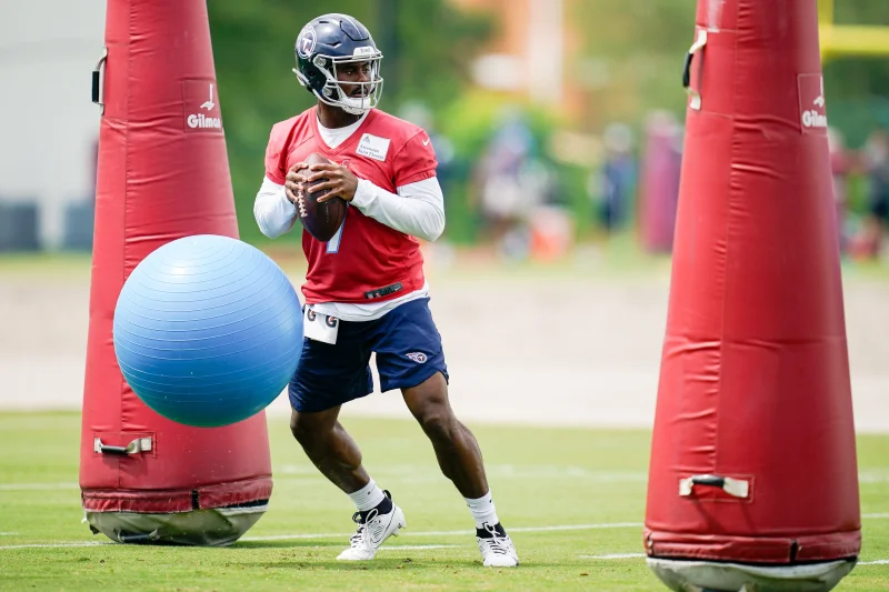 Tennessee Titans quarterback Malik Willis (7) runs a drill during an OTA practice at Ascension Saint Thomas Sports Park in Nashville, Tenn., Wednesday, June 14, 2023.