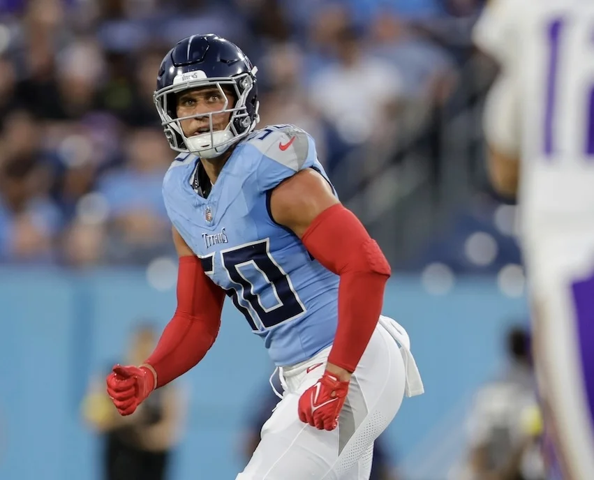 Tennessee Titans linebacker Cody Barton (50) defends during the first half of an NFL football preseason game against the Minnesota Vikings, Aug. 22, 2025, in Nashville, Tenn. (AP Photo/Stew Milne)