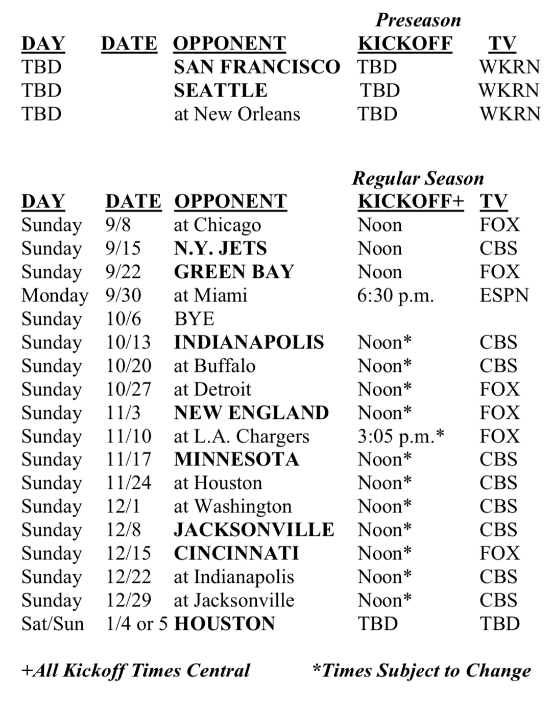 2024 Tennessee Titans Schedule