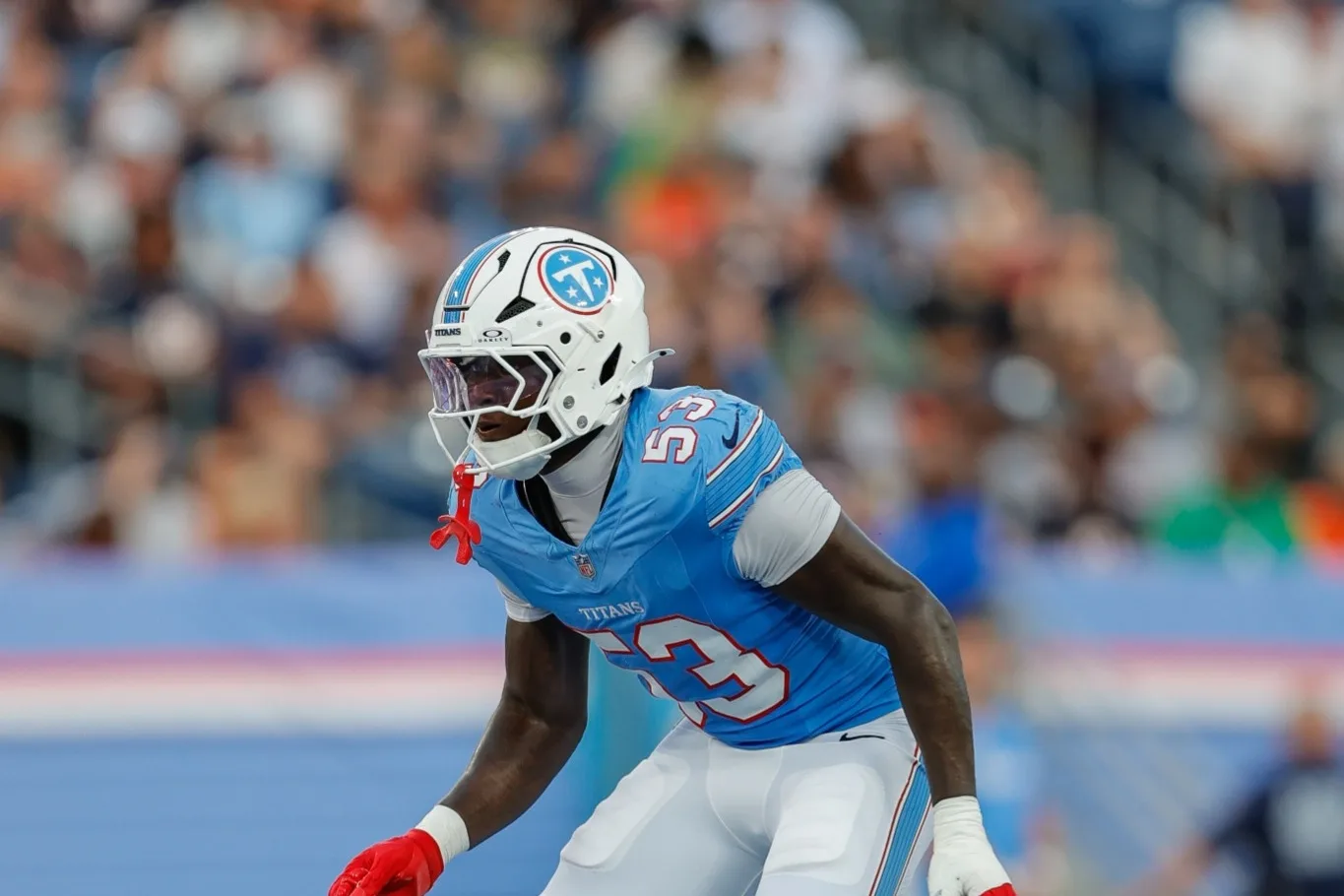 Tennessee Titans linebacker Anthony Hill Jr. (53) defends during the second half of an NFL preseason football game against the Chicago Bears in Nashville, Tenn., Saturday, Aug. 29, 2026. (AP Photo/Stew Milne)
