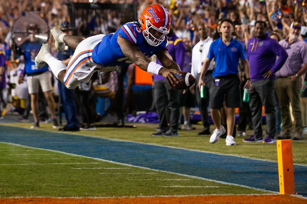Florida Gators quarterback Anthony Richardson (15) dives into the end zone for a touchdown in the second half against LSU at Steve Spurrier Field at Ben Hill Griffin Stadium in Gainesville, FL on Saturday, October 15, 2022. [Doug Engle/Gainesville Sun] Ncaa Football Florida Gators Vs Lsu Tigers