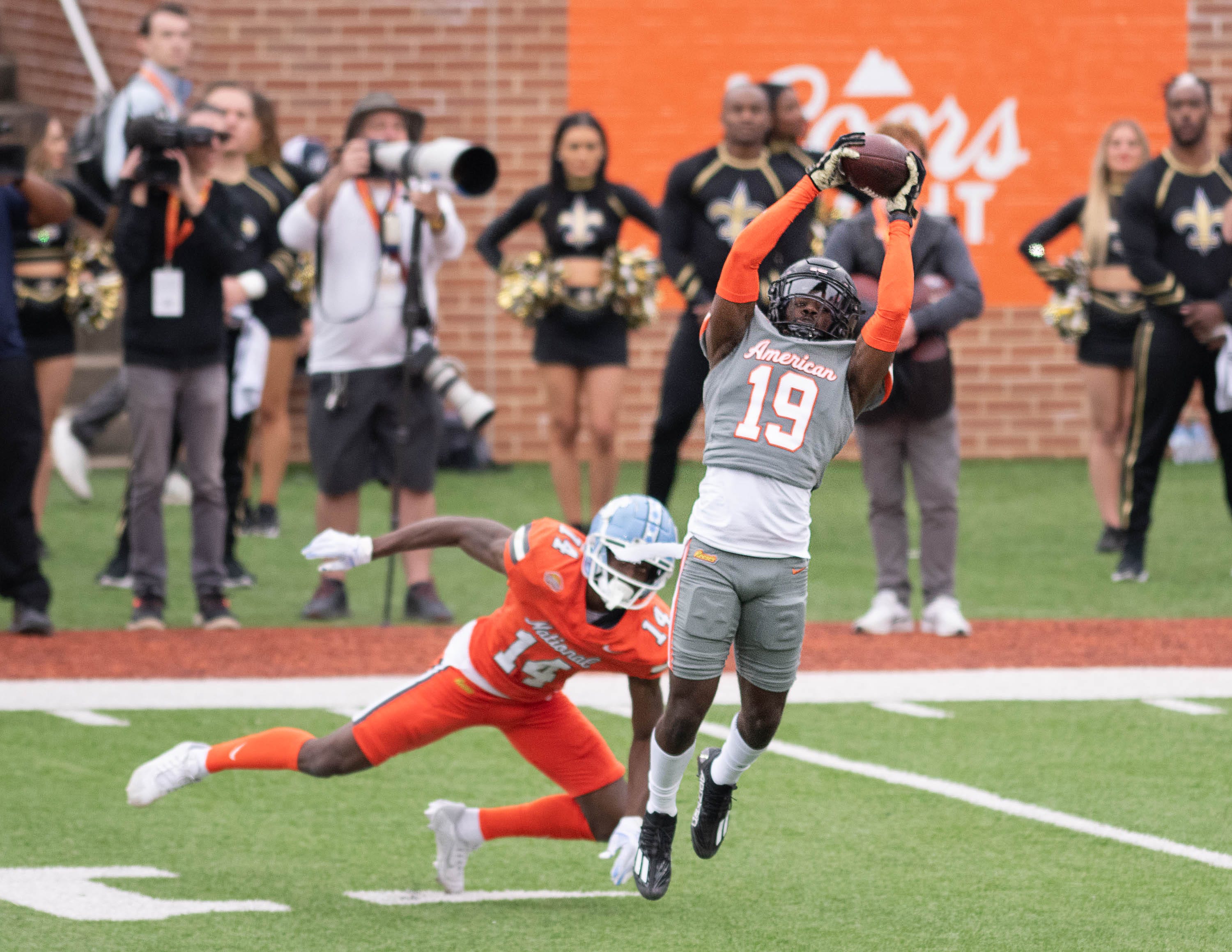 Former Louisville DB Jarvis Brownlee Jr. (19) intercepts a pass during the Reese's Senior Bowl in Mobile, Alabama on Saturday, Feb. 3, 2024.