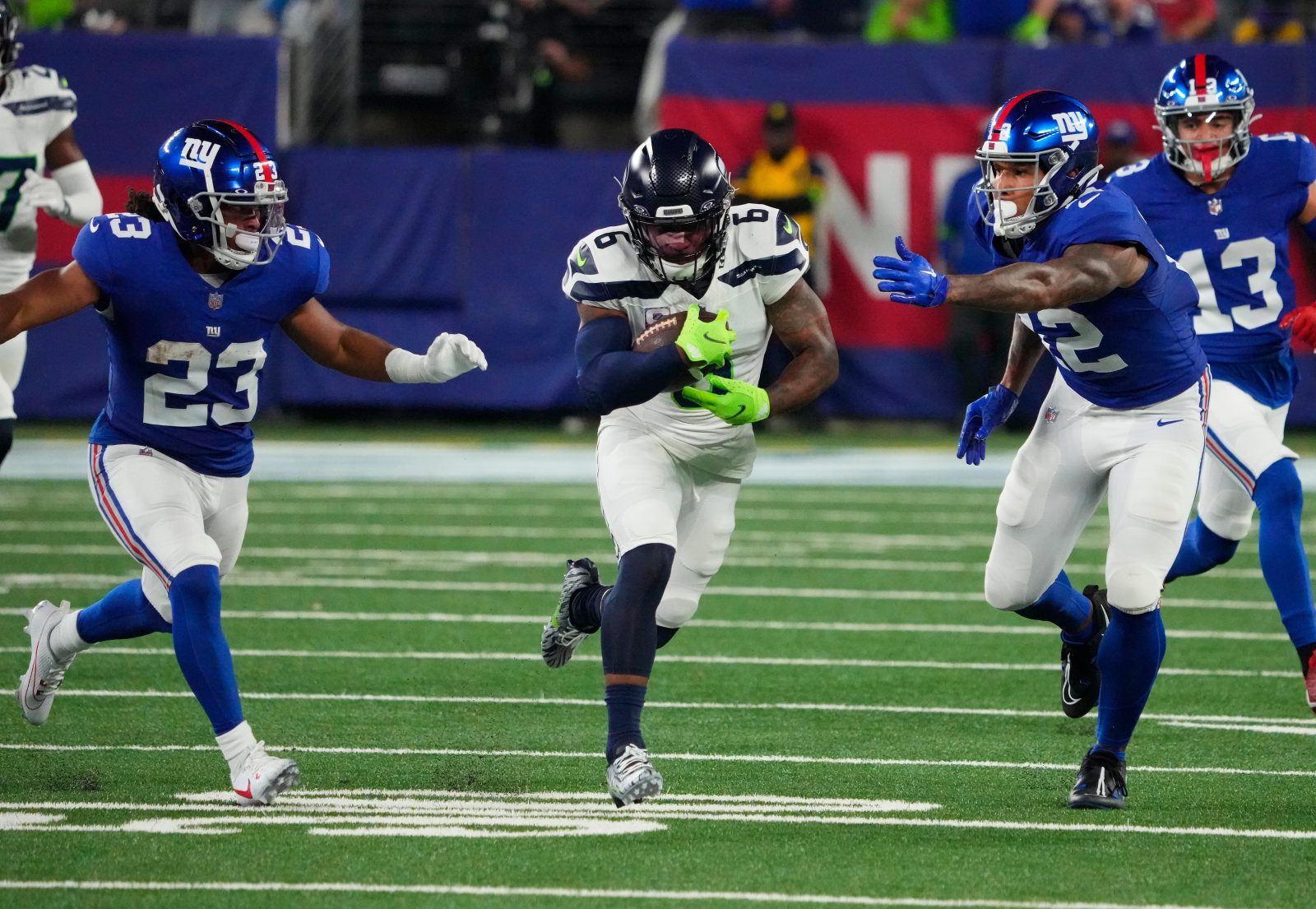 Oct 2, 2023; East Rutherford, New Jersey, USA; Seattle Seahawks safety Quandre Diggs (6) after intercepting a New York Giants pass in the second half at MetLife Stadium. Mandatory Credit: Robert Deutsch-USA TODAY Sports