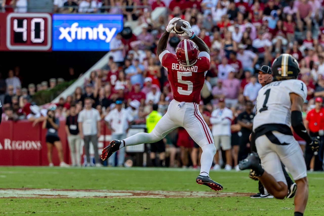 Alabama wide receiver Germie Bernard (5) grabs a pass against Vanderbilt during the second half of an NCAA college football game, Saturday, Oct. 4, 2025, in Tuscaloosa, Ala. (AP Photo/Vasha Hunt)