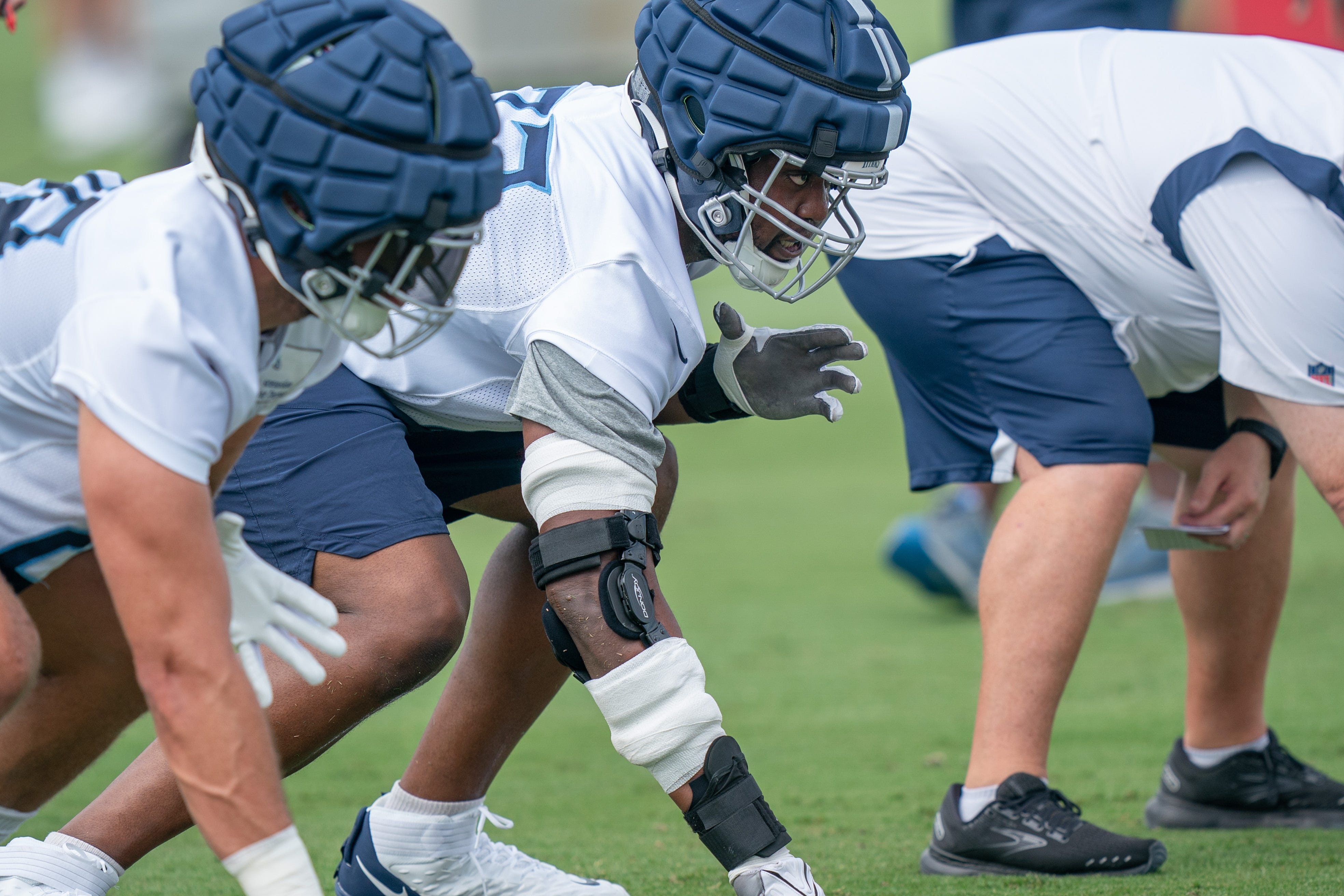 Offensive lineman Jamarco Jones (73) lines up at the Tennessee Titans practice facility, Ascension St. Thomas Sports Park, Wednesday, July 26, 2023.
