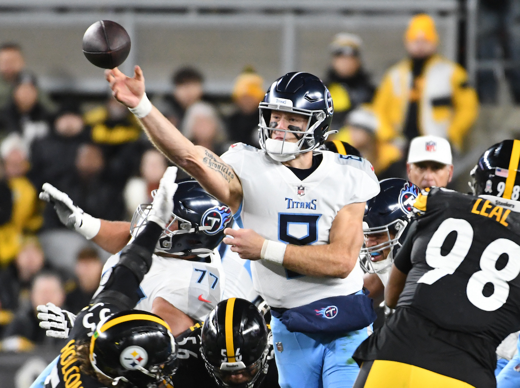 Nov 2, 2023; Pittsburgh, Pennsylvania, USA; Tennessee Titans quarterback Will Levis (8) throws under pressure from the Pittsburgh Steelers defense during the first quarter at Acrisure Stadium. Mandatory Credit: Philip G. Pavely-USA TODAY Sports