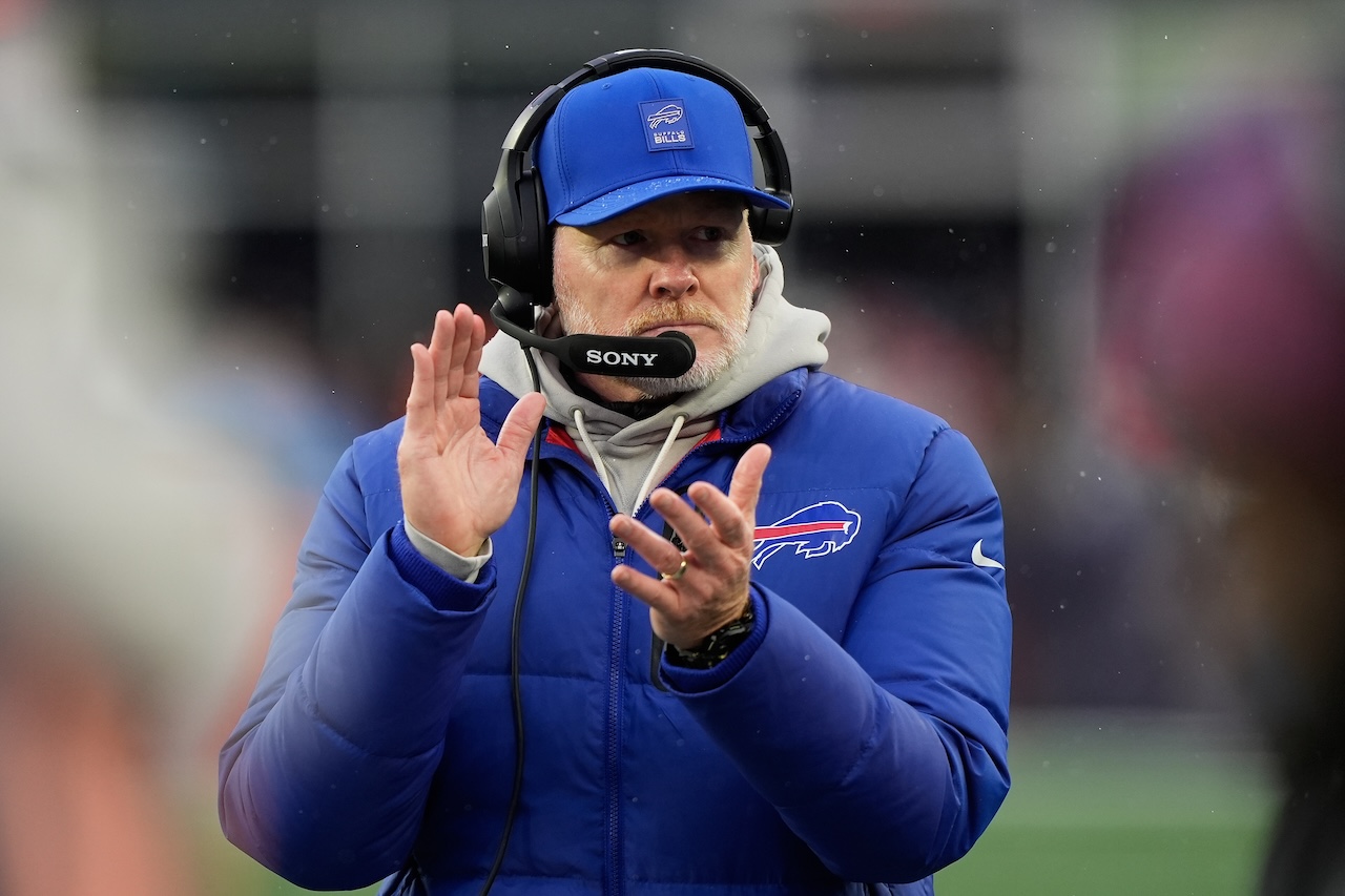 Buffalo Bills head coach Sean McDermott reacts during the second half of an NFL football game against the New England Patriots in Foxborough, Mass., Sunday, Dec. 14, 2025. (AP Photo/Robert F. Bukaty)