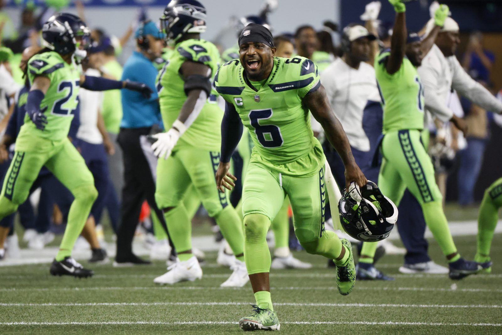 Sep 12, 2022; Seattle, Washington, USA; Seattle Seahawks safety Quandre Diggs (6) celebrates following a missed field goal against the Denver Broncos during the fourth quarter at Lumen Field. Mandatory Credit: Joe Nicholson-USA TODAY Sports