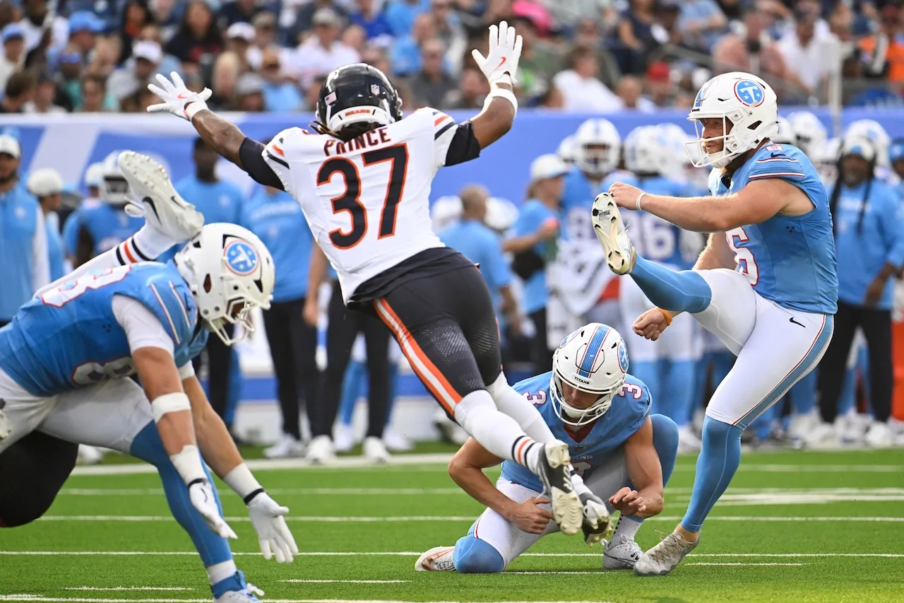  Tennessee Titans kicker Joey Slye, right, with Tommy Townsend (3) holding, kicks a field goal against the Chicago Bears during the first half of a preseason NFL football game, Saturday, Aug. 29, 2026, in Nashville, Tenn. (AP Photo/John Amis) Source: FR69715 AP  26241807797248    Aug 29, 2026 Bears Titans Football Chicago Bears quarterback Case Keenum, left, reacts toward head coach Ben Johnson prior to a preseason NFL football game against the Tennessee Titans, Saturday, Aug. 29, 2026, in Nashville, Tenn. (AP Photo/John Amis) Source: FR69715 AP  26241801609736    Aug 29, 2026 Bears Titans Football Tennessee Titans defensive tackle Khalen Saunders pauses during a tribute to Dolly Parton prior to a preseason NFL football game against the Chicago Bears, Saturday, Aug. 29, 2026, in Nashville, Tenn. (AP Photo/George Walker IV) Source: AP  26241801600251    Aug 29, 2026 Bears Titans Football Tennessee Titans head coach Robert Saleh looks on prior to a preseason NFL football game against the Chicago Bears, Saturday, Aug. 29, 2026, in Nashville, Tenn. (AP Photo/George Walker IV) Source: AP  26241801592479    Aug 29, 2026 Bears Titans Football Tennessee Titans players take the field prior to a preseason NFL football game against the Chicago Bears, Saturday, Aug. 29, 2026, in Nashville, Tenn. (AP Photo/George Walker IV) Source: AP  26241801556248    Aug 29, 2026 Bears Titans Football Chicago Bears wide receiver Zavion Thomas catches a touchdown pass against the Tennessee Titans during the first half of a preseason NFL football game, Saturday, Aug. 29, 2026, in Nashville, Tenn. (AP Photo/George Walker IV) Source: AP  26241799392563    Aug 29, 2026 Bears Titans Football Tennessee Titans quarterback Will Levis attempts a pass against the Chicago Bears during the first half of a preseason NFL football game, Saturday, Aug. 29, 2026, in Nashville, Tenn. (AP Photo/George Walker IV) Source: AP  26241797626867    Aug 29, 2026 Bears Titans Football Tennessee Titans quarterback Will Levis warms up prior to a preseason NFL football game against the Chicago Bears, Saturday, Aug. 29, 2026, in Nashville, Tenn. (AP Photo/George Walker IV) Source: AP  26241778934249    Aug 29, 2026 Bears Titans Football Chicago Bears cornerback Jaylon Jones meets with a supporter prior to a preseason NFL football game against the Tennessee Titans, Saturday, Aug. 29, 2026, in Nashville, Tenn. (AP Photo/John Amis) Source: FR69715 AP  26241778948952    ... Company About us AP Customer Zone AP News AP Images Blog Contact support Legal Terms and conditions Privacy policy and cookies Manage your privacy choices © Copyright 2026 The Associated Press. All rights reserved. Version 15.6.0 Bears Titans Football