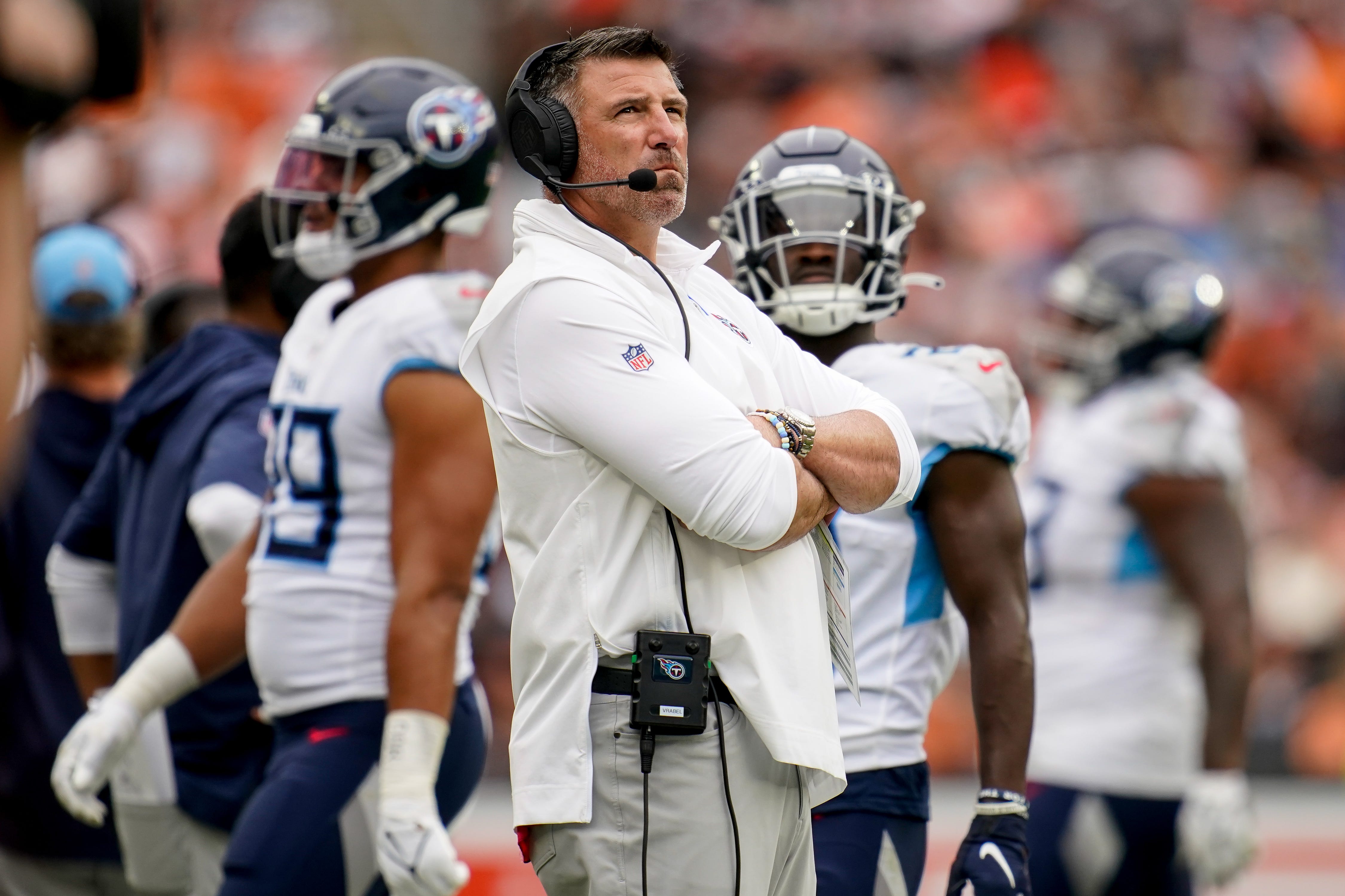 Tennessee Titans head coach Mike Vrabel watches the game during the fourth quarter against the Cleveland Browns in Cleveland, Ohio, Sunday, Sept. 24, 2023.