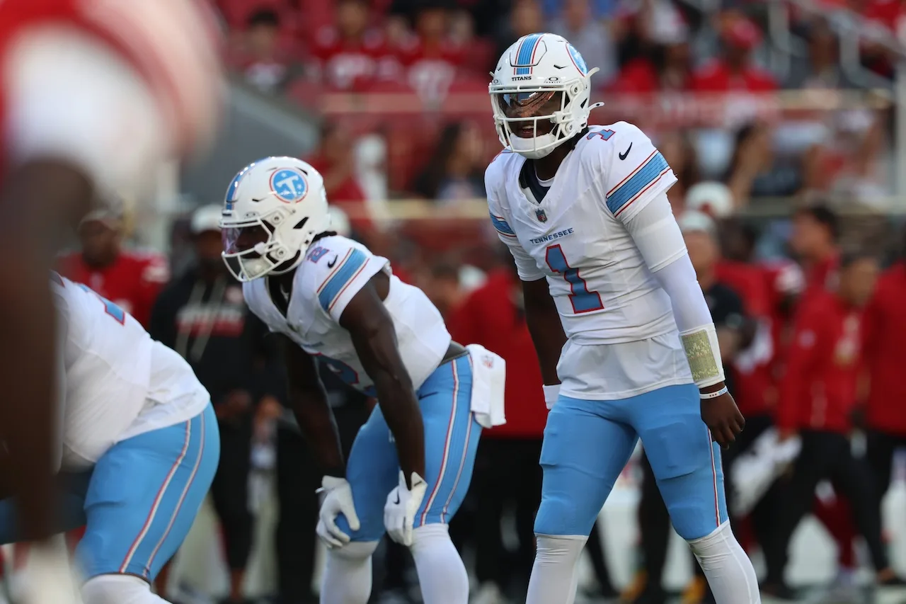 Tennessee Titans quarterback Cam Ward (1) calls a play against the San Francisco 49ers during a preseason NFL football game, Thursday, Aug. 13, 2026, in Santa Clara, Calif. (AP Photo/Jed Jacobsohn)