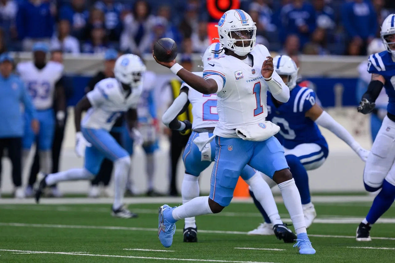 Tennessee Titans quarterback Cam Ward (1) throws the ball during an NFL football game against the Indianapolis Colts in Indianapolis, Sunday, Oct. 18, 2026. (AP Photo/Zach Bolinger)
