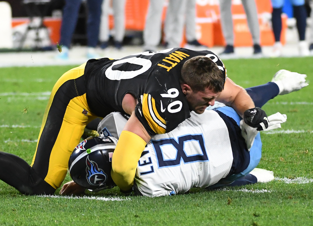 Nov 2, 2023; Pittsburgh, Pennsylvania, USA; Pittsburgh Steelers linebacker T.J. Watt (90) sacks Tennessee Titans quarterback Will Levis (8) during the first quarter at Acrisure Stadium. Mandatory Credit: Philip G. Pavely-USA TODAY Sports