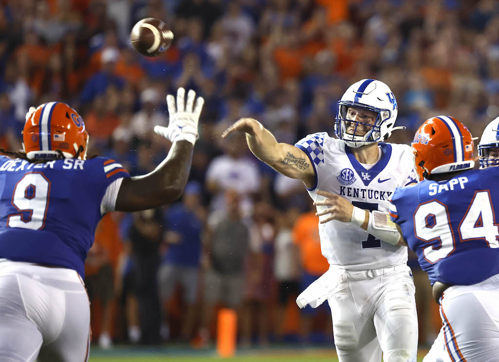Sep 10, 2022; Gainesville, Florida, USA; Kentucky Wildcats quarterback Will Levis (7) throws the ball against the Florida Gators during the second half at Ben Hill Griffin Stadium. Mandatory Credit: Kim Klement-USA TODAY Sports