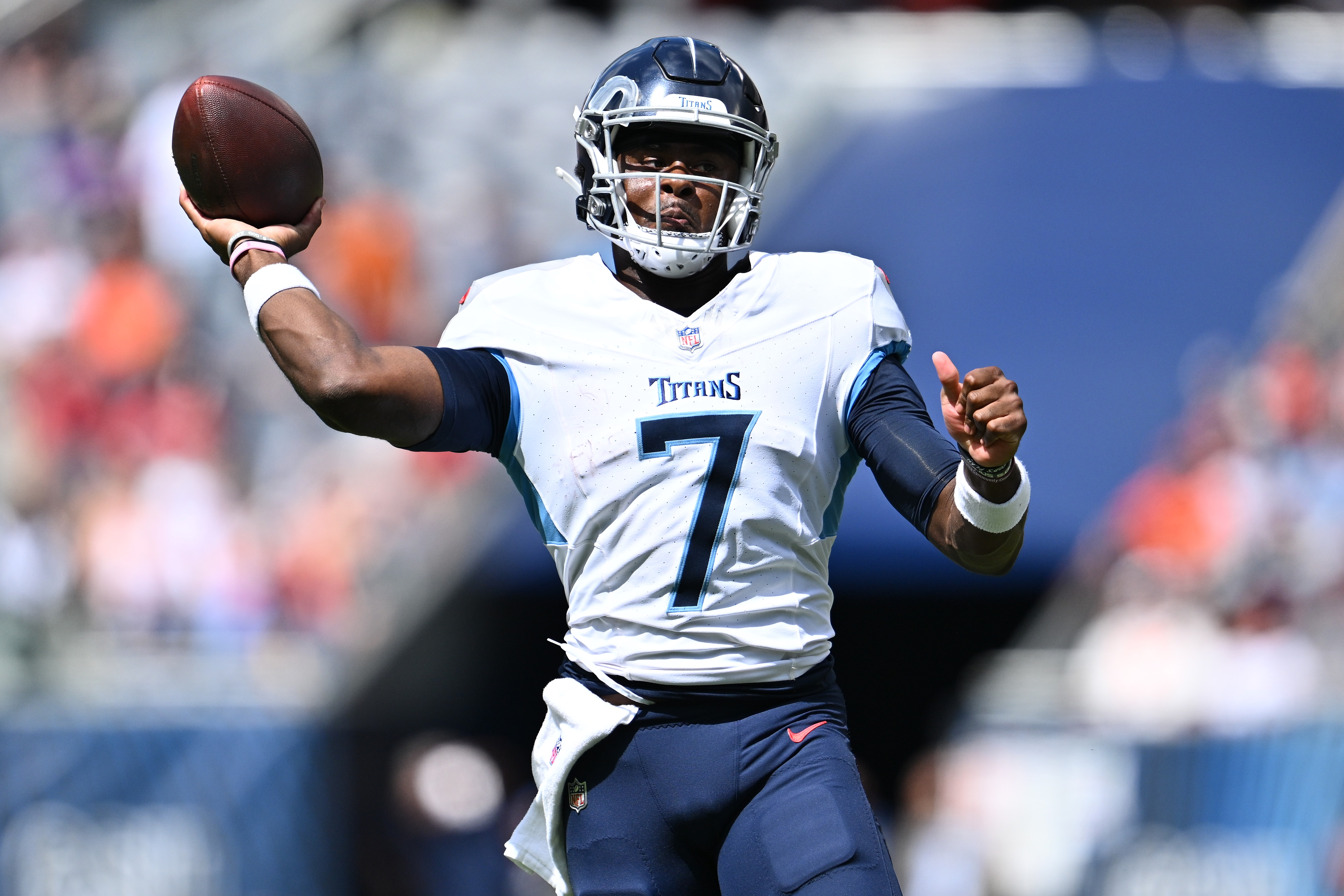 Aug 12, 2023; Chicago, Illinois, USA; Tennessee Titans quarterback Malik Willis (7) passes in the second half against the Chicago Bears at Soldier Field. Mandatory Credit: Jamie Sabau-USA TODAY Sports