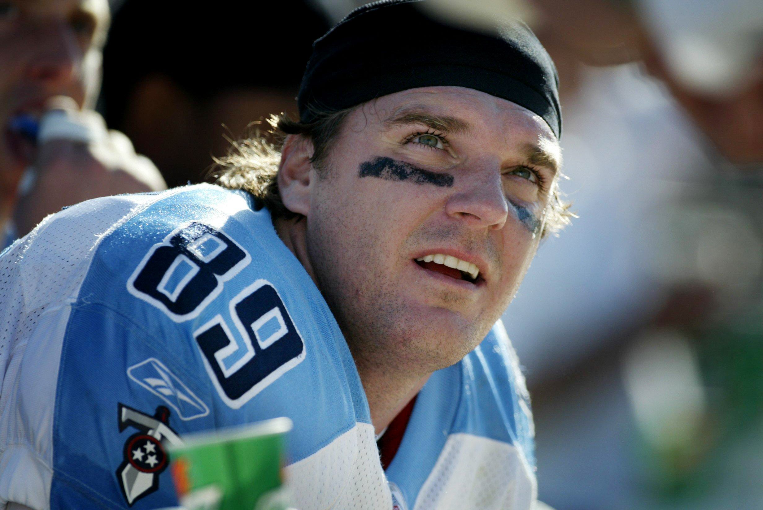 89 Frank Wycheck, TE (How many Titans have worn the number: 8) Here, Tennessee Titans tight end Wycheck (89) sits on the sideline late in the game against the Jacksonville Jaguars at Alltell Stadium Dec. 22, 2002 in Jacksonville, Fla. Titans V Jaguars