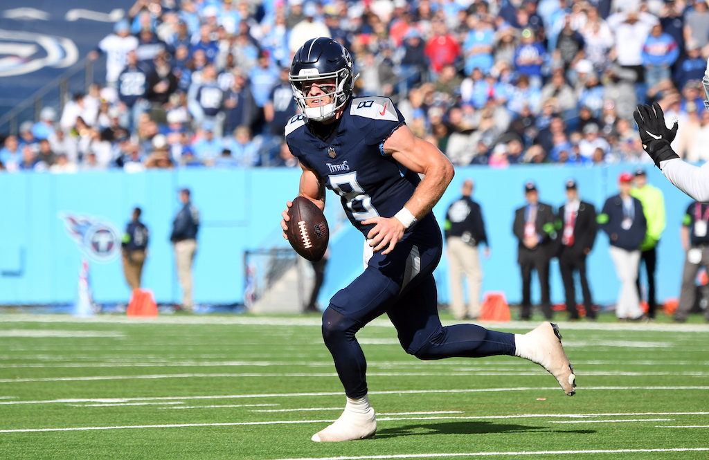Dec 3, 2023; Nashville, Tennessee, USA; Tennessee Titans quarterback Will Levis (8) rolls out of the pocket during the first half against the Indianapolis Colts at Nissan Stadium. Mandatory Credit: Christopher Hanewinckel-USA TODAY Sports