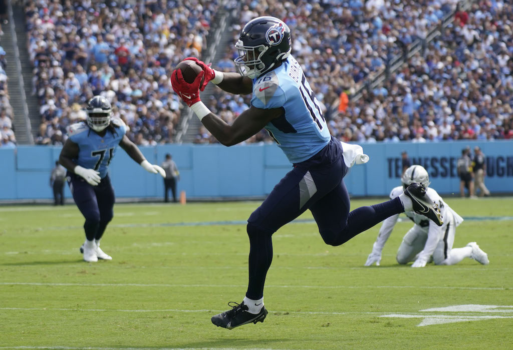 Sep 25, 2022; Nashville, Tennessee, USA; Tennessee Titans wide receiver Treylon Burks (16) catches a pass during the second quarter against the Las Vegas Raiders at Nissan Stadium. 