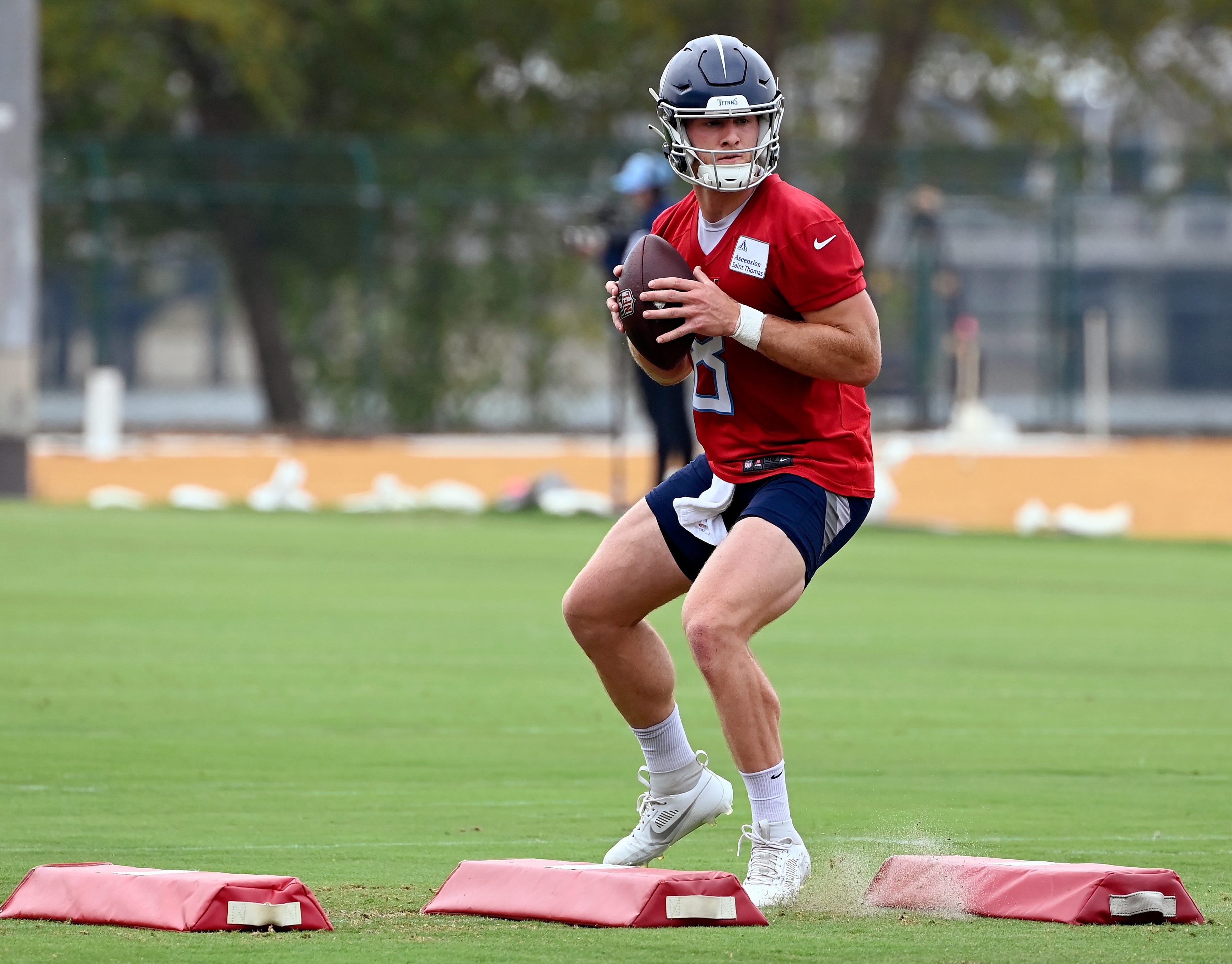 Tennessee Titans quarterback Will Levis (8) runs a drill during an NFL football minicamp Wednesday, June 7, 2023, in Nashville, Tenn.